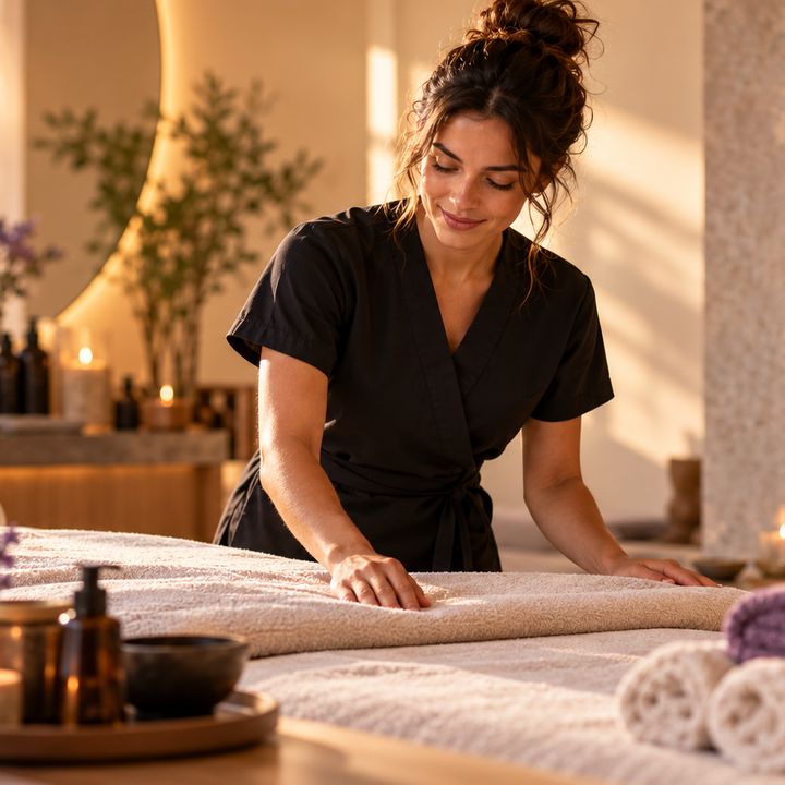 Praticienne qui prépare une table de massage